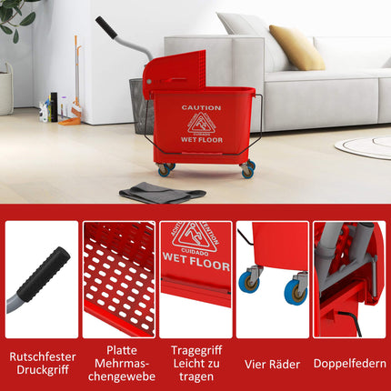 20L Mop Bucket with Wringer, Wheels, Red Plastic