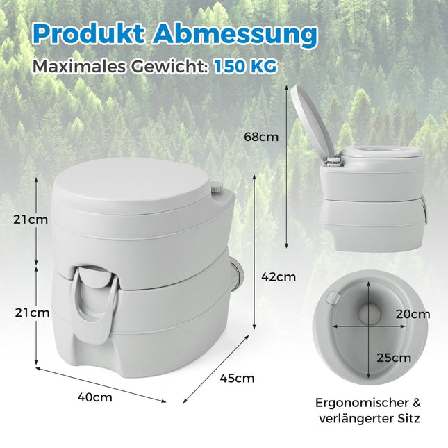 Toilettes portables 20 L avec réservoir à déchets amovible, siège anti-fuite et pompe de chasse d'eau, gris