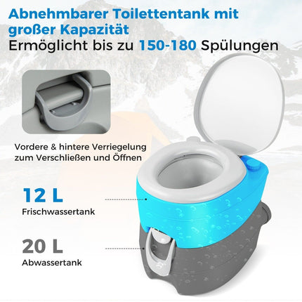 Toilettes portables 20 L avec réservoir à déchets amovible, siège anti-fuite et pompe de chasse d'eau, gris