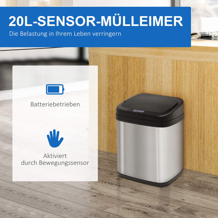 20L Stainless Steel Sensor Trash Can – Infrared, Battery-Operated