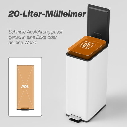 20-Liter-Mülleimer, Soft-Close-Deckel, Edelstahl, Weiß