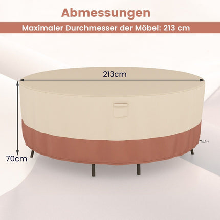 Ø 213 cm runde Terrassenmöbel-Abdeckung mit Lüftungsschlitzen &amp; Schnallen &amp; Kordeln beige