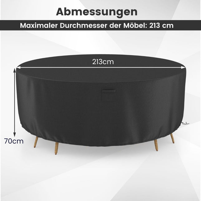 Ø 213 cm kulatý potah na zahradní nábytek s větracími otvory, přezkami a stahovacími šňůrkami, černý