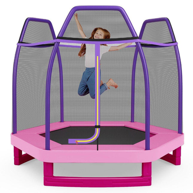 Ø223cm Gartentrampolin mit Sicherheitsnetz Indoor/Outdoor Trampolin für Kinder Rosa