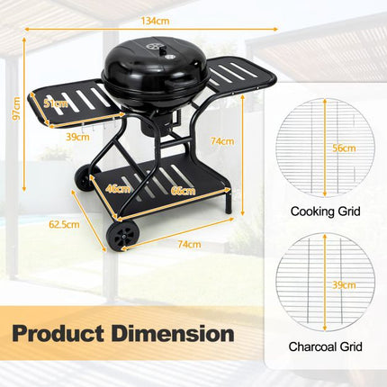 22-Zoll-Holzkohlegrill mit Rollen, 2-stufige Roste