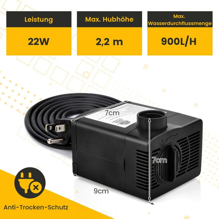 Mini pompe d'aquarium 22 W avec course de 2,2 m et câble d'alimentation de 1,83 m et pompe à eau à 3 buses 900 L/h