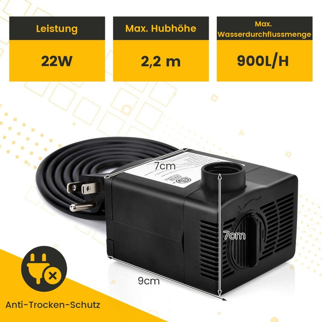 22 W mini aquarium pump with 2.2 m high stroke & 1.83 m power cable & 3 nozzles water pump 900 L/h