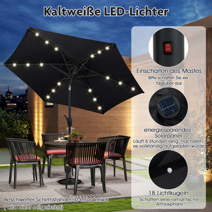 230 cm Schwarzer Terrassenschirm mit Solar-LED-Beleuchtung