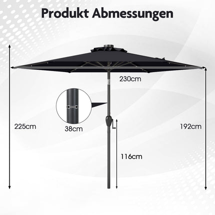 230 cm Schwarzer Terrassenschirm mit Solar-LED-Beleuchtung