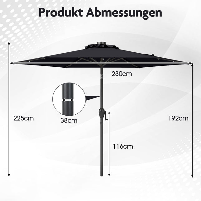 230 cm Schwarzer Terrassenschirm mit Solar-LED-Beleuchtung