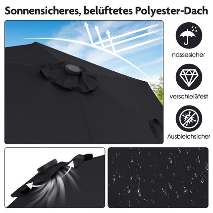 230 cm Schwarzer Terrassenschirm mit Solar-LED-Beleuchtung