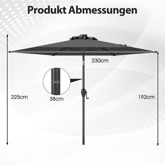 230 cm Sonnenschirm mit LED-Solarleuchten und Kurbel