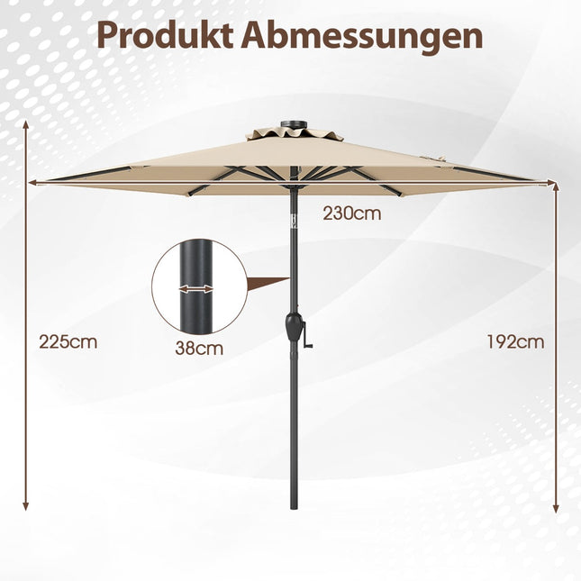 230 cm Sonnenschirm mit Solar-LED-Beleuchtung und Kurbel