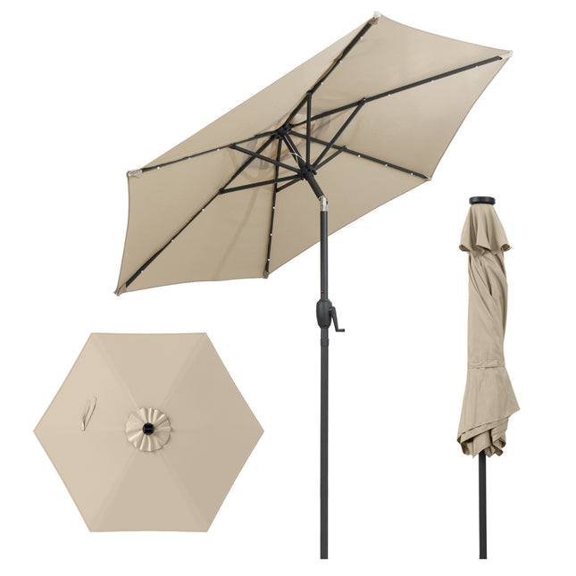 230 cm Sonnenschirm mit Solar-LED-Beleuchtung und Kurbel