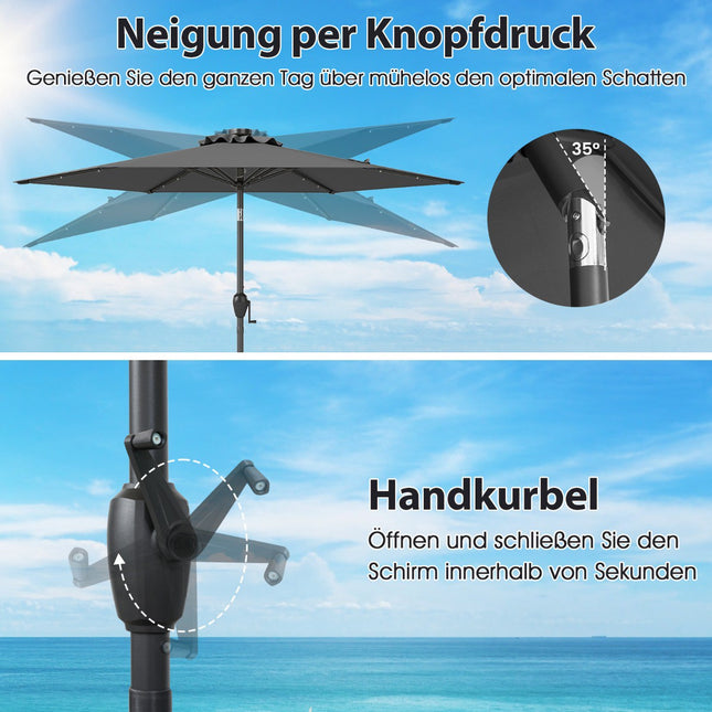 230 cm Sonnenschirm mit LED-Solarleuchten und Kurbel