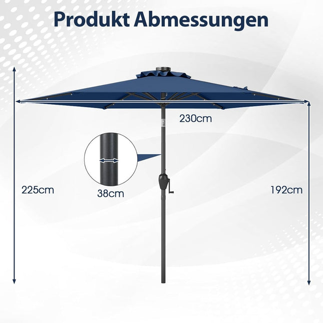 230 cm Sonnenschirm mit Solar-LED-Beleuchtung, Navy Blau