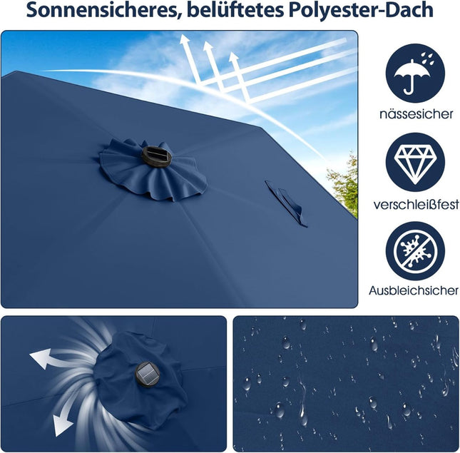 230 cm Sonnenschirm mit Solar-LED-Beleuchtung, Navy Blau