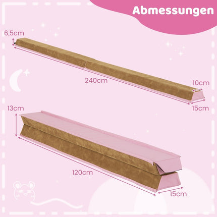 240 cm children's balance beam with carrying handle &amp; Suede cover folding balancing bar pink
