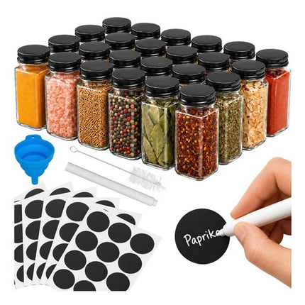 24 Glass Spice Jars Set with Labels, 120ml Each
