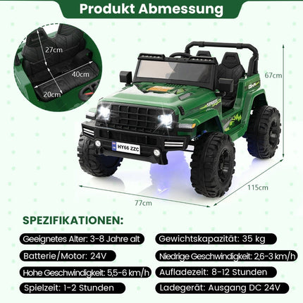 24V 2 Sitzer Kinder Elektroauto mit Fernbedienung &amp; Musik &amp; Hupe &amp; LED-Lichter Kinderauto Grün