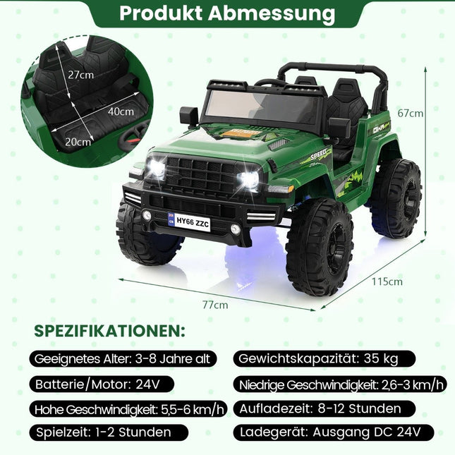 24V 2 Sitzer Kinder Elektroauto mit Fernbedienung &amp; Musik &amp; Hupe &amp; LED-Lichter Kinderauto Grün