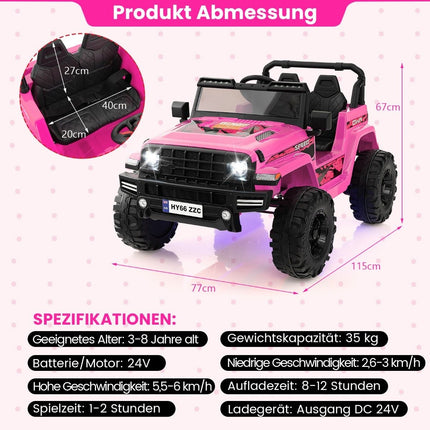 24V Kinder Elektroauto, 2-Sitzer, Pink, USB & Musik