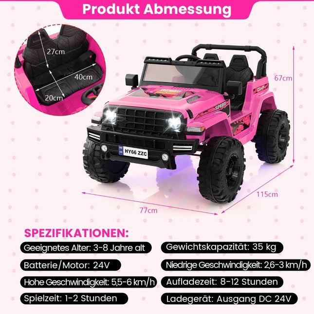 24V Kinder Elektroauto, 2-Sitzer, Pink, USB & Musik