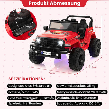 24V Kinder-Elektroauto, 2-Sitzer, Rot, USB & Musik
