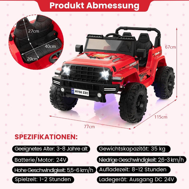 24V Kinder-Elektroauto, 2-Sitzer, Rot, USB & Musik