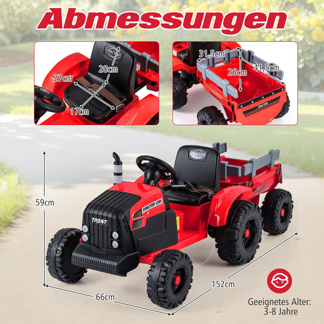 24V Kinder-Elektro-Traktor mit abnehmbarem Anhänger, Rot
