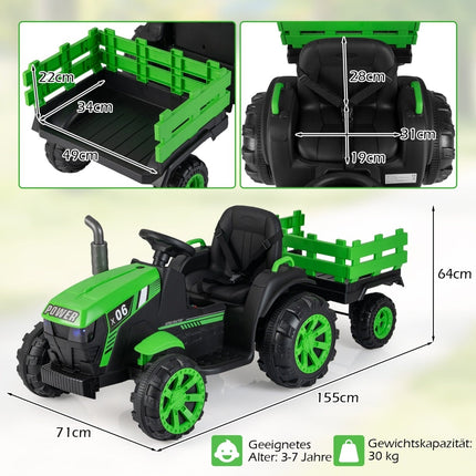 24V Kids Electric Tractor with Trailer, LED, Music, Green