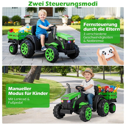 24V Kids Electric Tractor with Trailer, LED, Music, Green