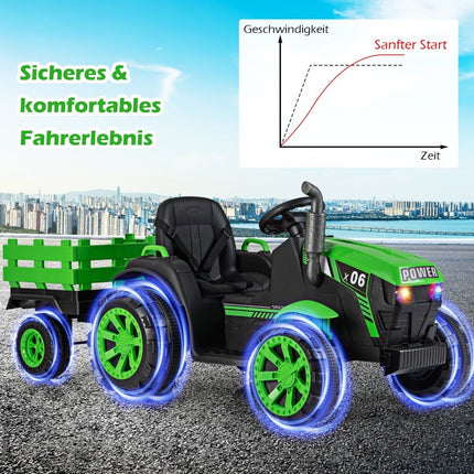 24V Kids Electric Tractor with Trailer, LED, Music, Green