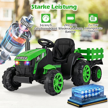24V Kids Electric Tractor with Trailer, LED, Music, Green
