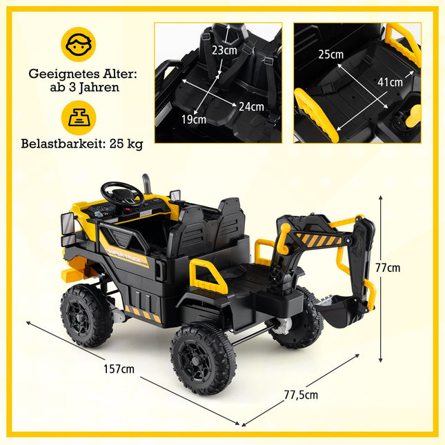 24V Kinder-Aufsitbagger mit Fernbedienung, Allradantrieb, Gelb