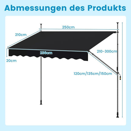 250 cm Retractable Balcony Awning, No-Drill, Black