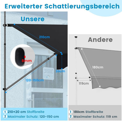 250 cm Retractable Balcony Awning, No-Drill, Black