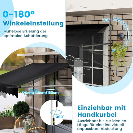 250 cm Retractable Balcony Awning, No-Drill, Black