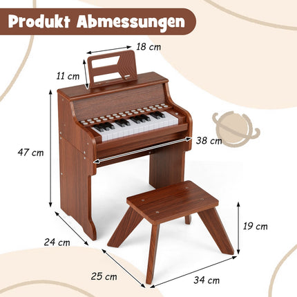 25-Key Kids Digital Piano with Stool, Brown