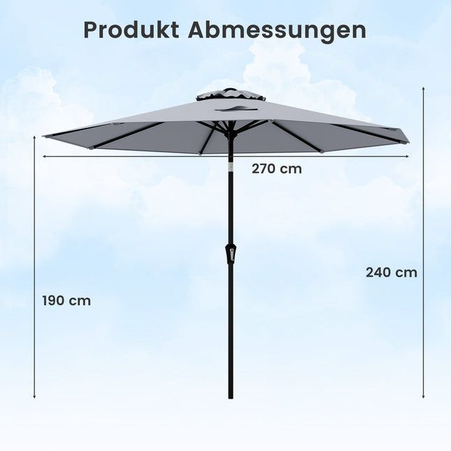 270 cm Grauer Terrassenschirm, Kurbelneigung, UV-Schutz