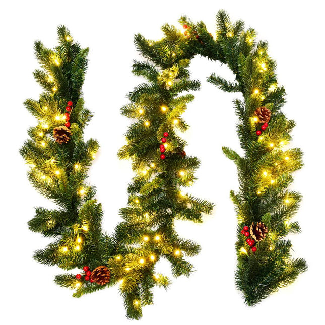 270 cm beleuchtete Weihnachts-Girlande mit Tannenzapfen & Beeren