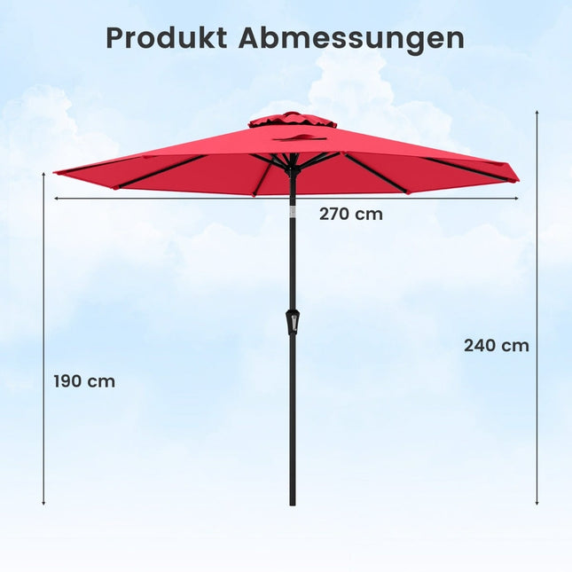270 cm roter Gartenschirm, kippbar und mit Kurbel, UV-Schutz