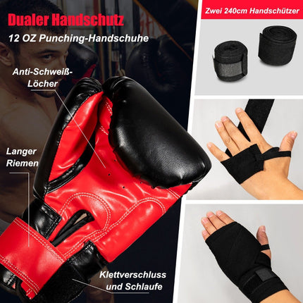 28,5 kg Boxsack-Set Boxsack mit 12 oz Boxhandschuhen &amp; Handschlaufen Schwarz