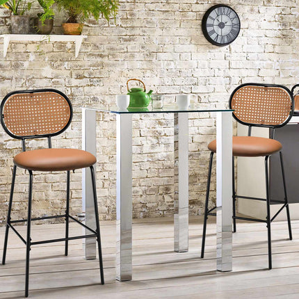 Barhocker aus Kunstleder, 75 cm hoch, mit Rattanlehne, Braun