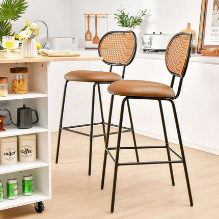 Barhocker aus Kunstleder, 75 cm hoch, mit Rattanlehne, Braun
