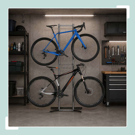 2-Bike Stand with Basket, Adjustable Arms, Black/Grey