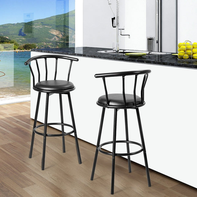 2 schwarze Barhocker, 360° drehbar, Stahlrahmen, Schaumstoffkissen