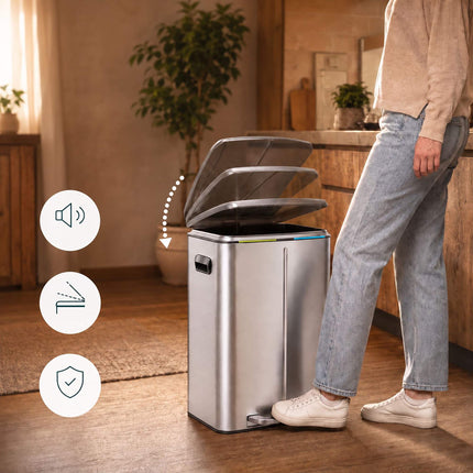 2-Compartment Pedal Bin 2 x 20 L with Soft-Close Lid, Silver