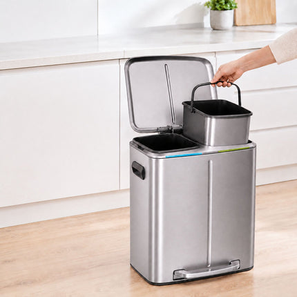 2-Compartment Pedal Bin 2 x 20 L with Soft-Close Lid, Silver