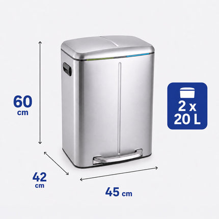 2-Compartment Pedal Bin 2 x 20 L with Soft-Close Lid, Silver